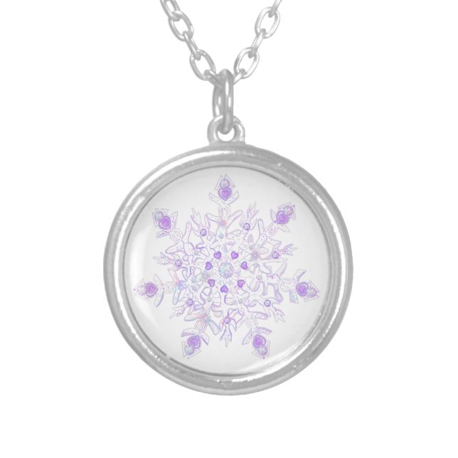 light purple snowflake & glittering heart silver plated necklace (Front)