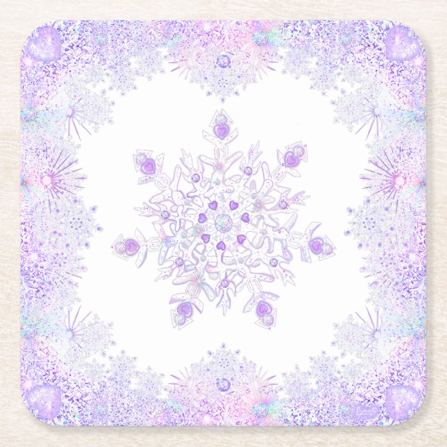 light purple snowflake & glittering heart square paper coaster (Front)