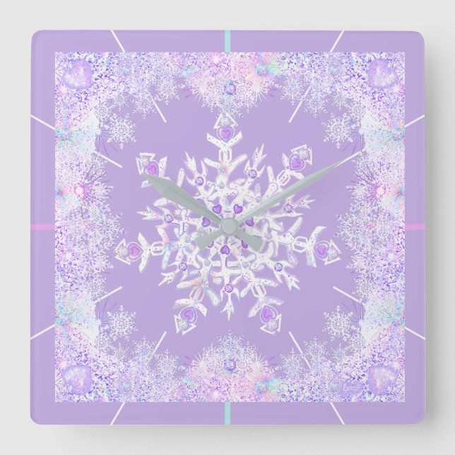 light purple snowflake & glittering heart square wall clock (Front)