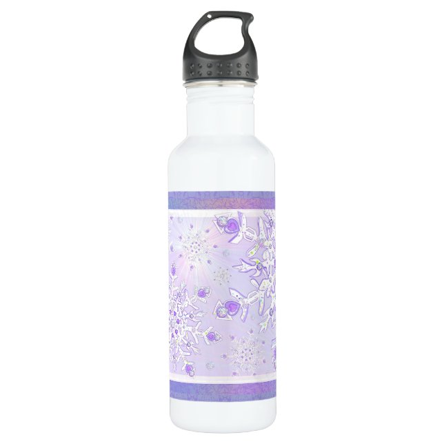 light purple snowflake & glittering heart stainless steel water bottle (Front)
