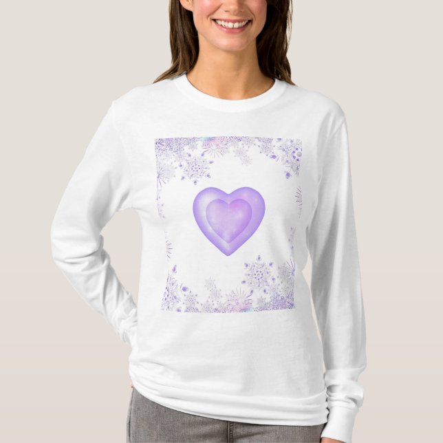 light purple snowflake & glittering heart T-Shirt (Front)