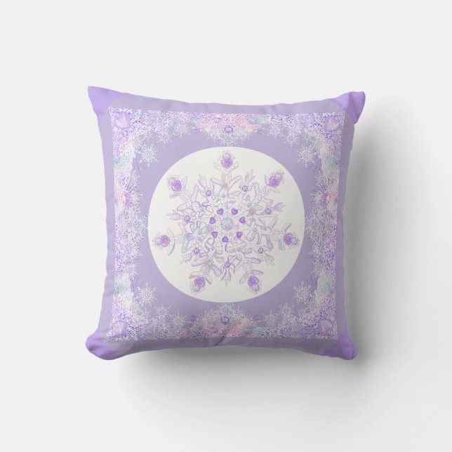light purple snowflake & glittering heart throw pillow (Front)