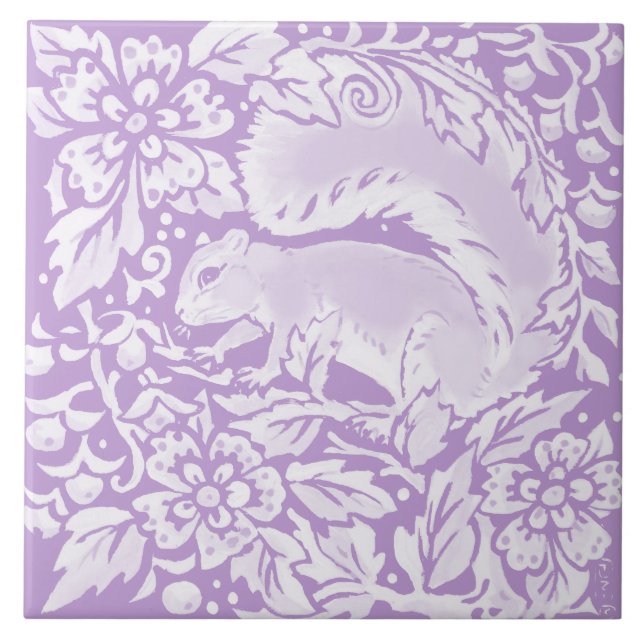 Light Purple Squirrel Floral Woodland Nature Ceramic Tile (Front)