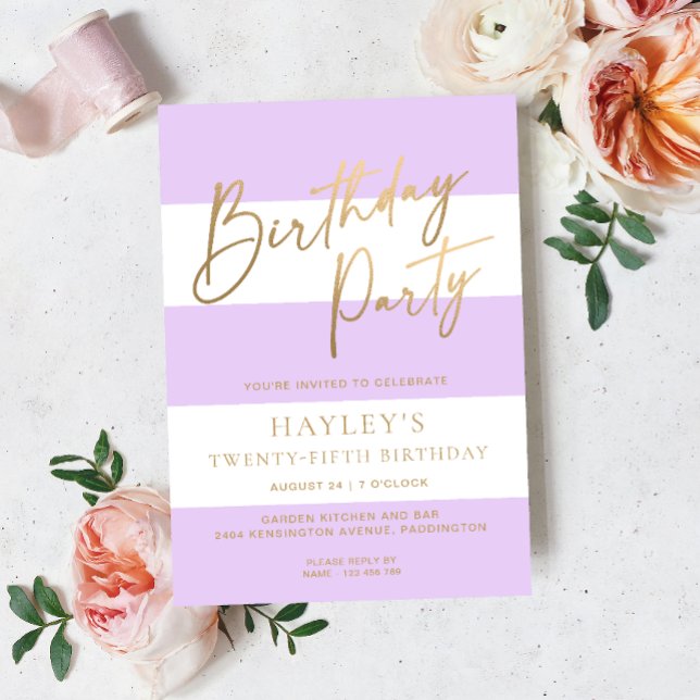 Light Purple Stripe Gold Birthday Invitation (Birthday Party Invitation Stripe )