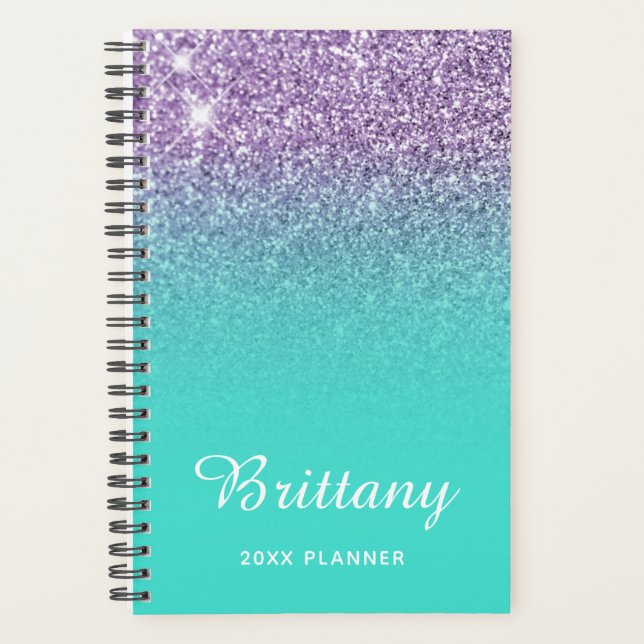Light Purple Turquoise Glitter Ombre Personalized Planner (Front)