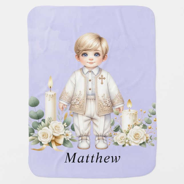 Light Purple Watercolor Boy Baptismal Baby Blanket (Front)