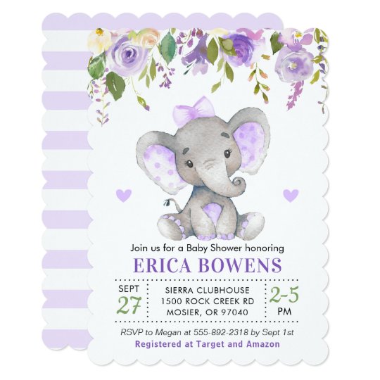 Light Purple Watercolor Girl Elephant Baby Shower Invitation | Zazzle.com