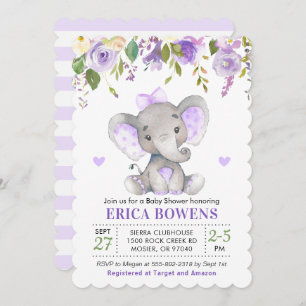 Light Purple Watercolor Girl Elephant Baby Shower Invitation