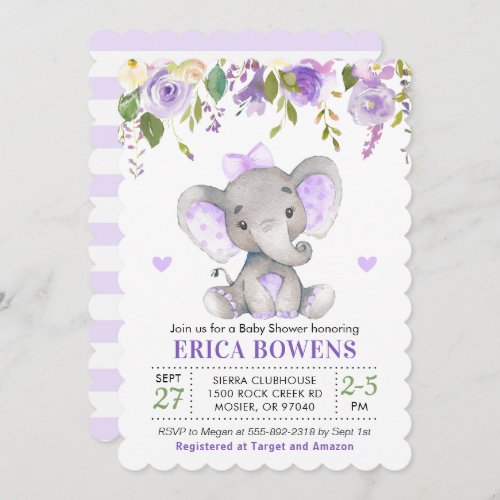 Light Purple Watercolor Girl Elephant Baby Shower Invitation