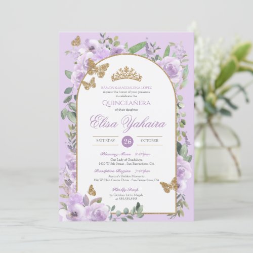 Light Purple Watercolor Gold Butterfly Quinceanera Invitation