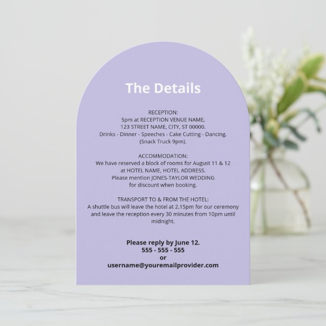 Light Purple Wedding Details Card (Standing Front)