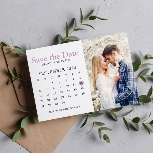 Light Purple Wedding Save the Date Calendar Photo