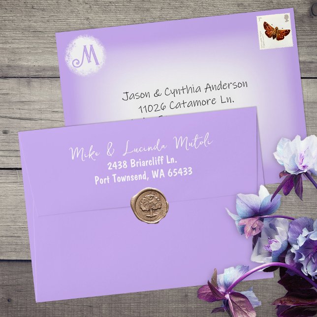 Light Purple White Fade Pre-addressed 5x7 Monogram Envelope (Purple, lavender, lilac 5x7 purple wedding invitation envelopes, address pre-printed on back flap)