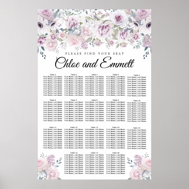 Light Purple White Floral  18-Table Seating Chart (Front)