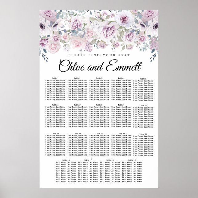 Light Purple White Floral 19-Table Seating Chart (Front)