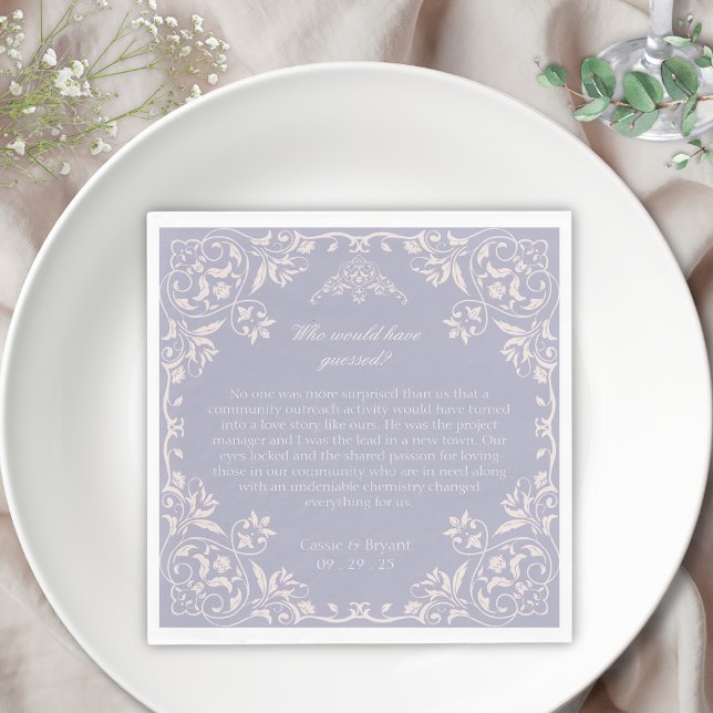 Light Purple Who Would Have Guessed Wedding Napkins (lavender purple fun facts wedding napkins for how when or where we met for the bride and groom decor)