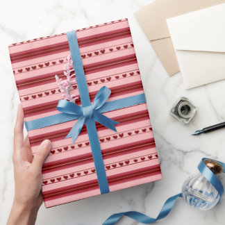 Light Red & Dark Red Hearts in Stripes Wrapping Paper