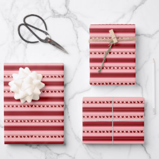 Light Red & Dark Red Hearts in Stripes Wrapping Paper Sheets