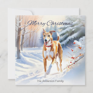 Light Red Fawn Greyhound Dog In Snow Christmas Holiday Card
