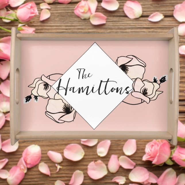 Light Red Pink Magnolia Flower Monogram  Serving Tray (Creator Uploaded)