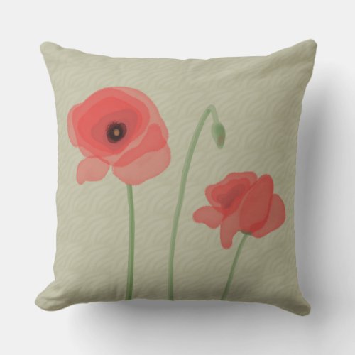 Light Red Poppies on Sage Green Wave Background Throw Pillow