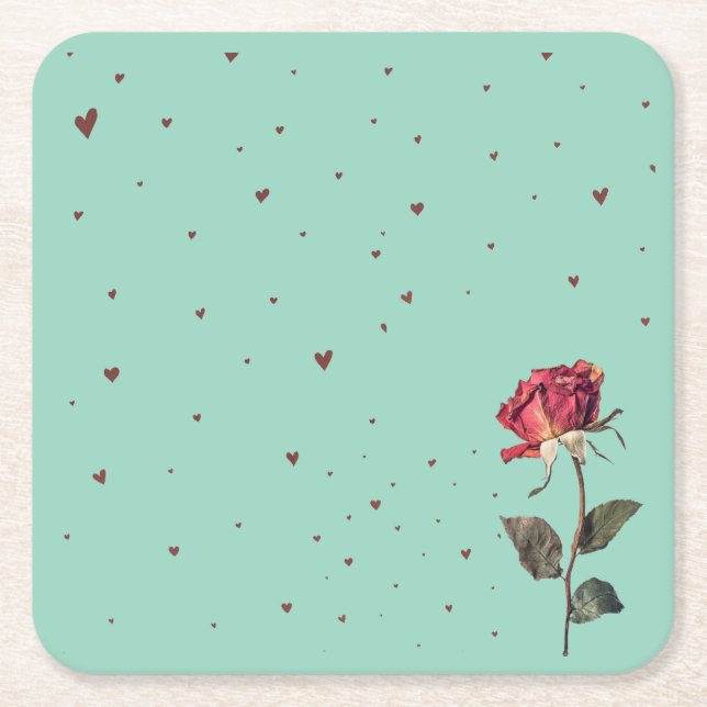 light red rose printed  square paper coaster (Front)