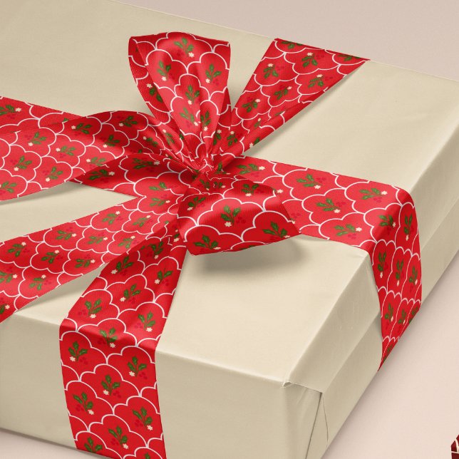Light Red Scallop Holly Branch Berries Christmas Satin Ribbon (Creator Uploaded)