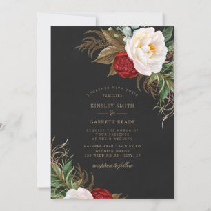 Light Red Watercolor Peonies Floral Black Wedding Invitation