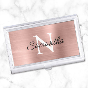 Light Rose Gold Faux Metallic Foil Monogram Business Card Case