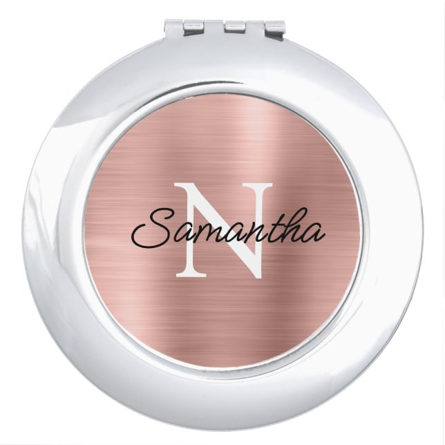 Light Rose Gold Faux Metallic Foil Monogram Compact Mirror (Front)