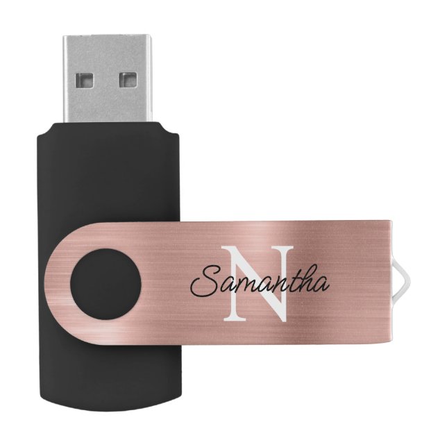 Light Rose Gold Faux Metallic Foil Monogram Flash Drive (Opened)