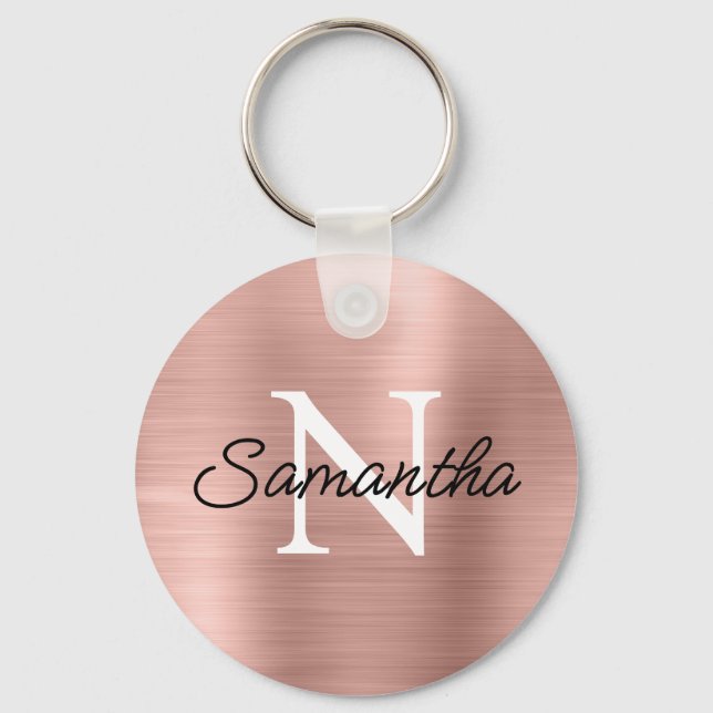 Light Rose Gold Faux Metallic Foil Monogram Keychain (Front)