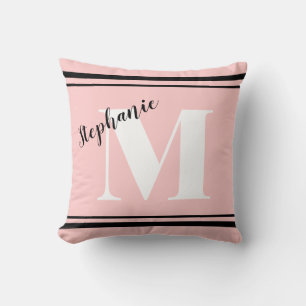 Light Rose Pink and Black monogrammed Throw Pillow
