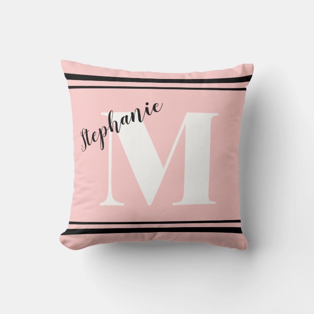Light Rose Pink and Black monogrammed Throw Pillow (Front)