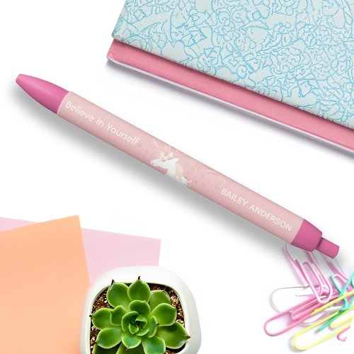 Light Rose Pink White Magical Unicorn Black Ink Pen