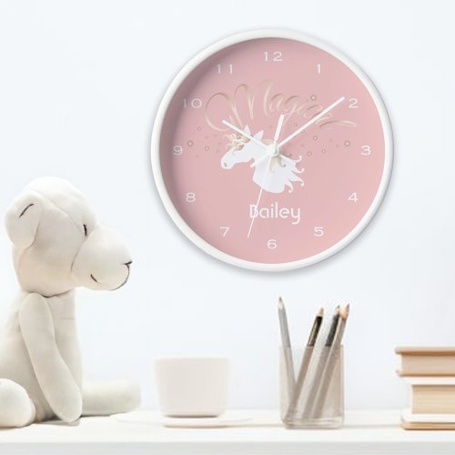 Light Rose Pink White Magical Unicorn Clock