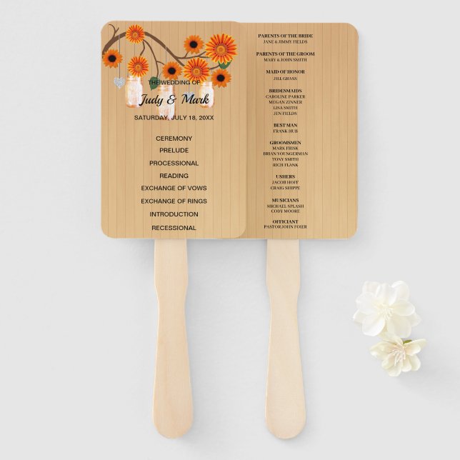 Light Rustic Orange Floral Mason Jars Wedding Hand Fan (Front and Back)