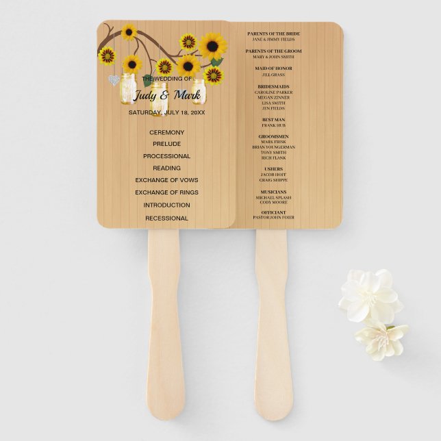 Light Rustic Yellow Floral Mason Jars Wedding Hand Fan (Front and Back)