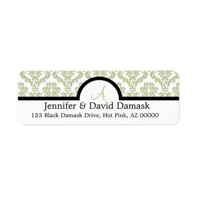 Light Sage Damask Wedding Monogram Address Labels (Front)