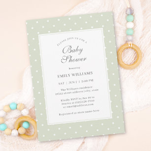 Light Sage Green and White Polka Dots Baby Shower Invitation