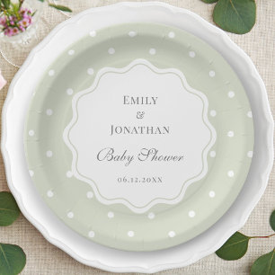 Light Sage Green and White Polka Dots Baby Shower Paper Plates