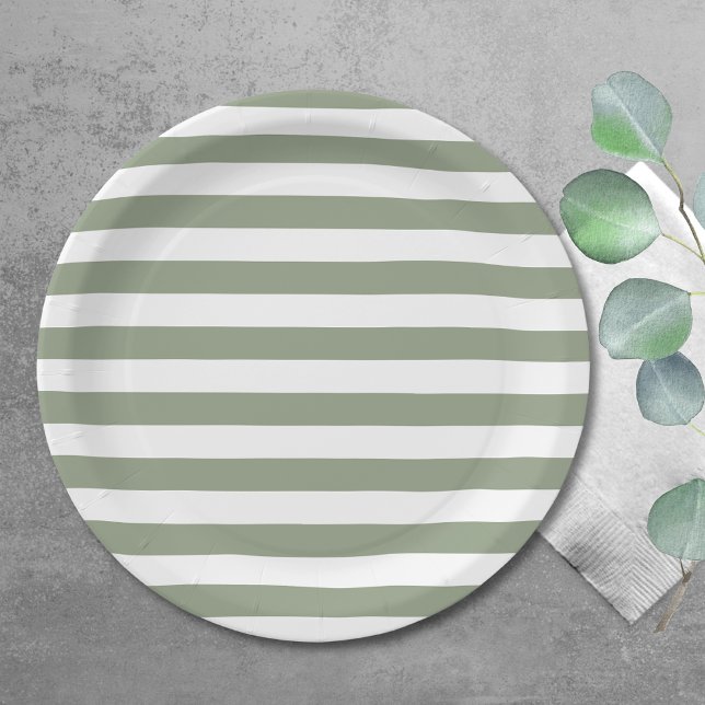 Light Sage Green and White Stripe Paper Plates (Creator Uploaded)
