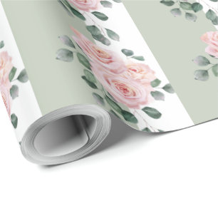 Light Sage Green and White Stripe Watercolor Roses Wrapping Paper
