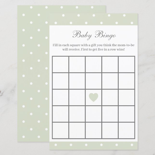 Light Sage Green Baby Shower Baby Bingo Game (Front/Back)