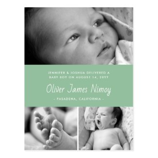 Light Sage Green Birth Announcement Baby Photo Postcard