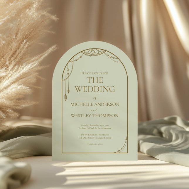 Light Sage Green Boho Beaded Arch Frame Wedding Invitation (Creator Uploaded)