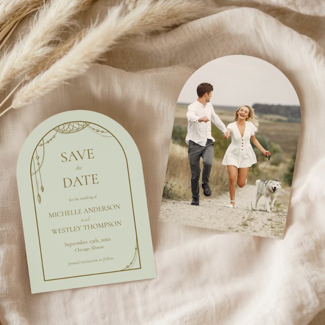 Light Sage Green Boho Beaded Arch Frame Wedding Save The Date (Creator Uploaded)