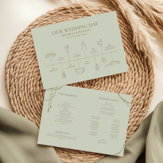 Light Sage Green Boho Draped Beaded Wedding Program (Creator Uploaded)