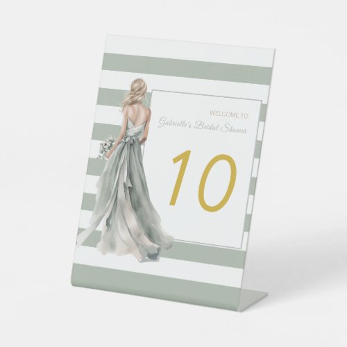 Light Sage Green Boho Stripes Blonde Bridal Shower Pedestal Sign