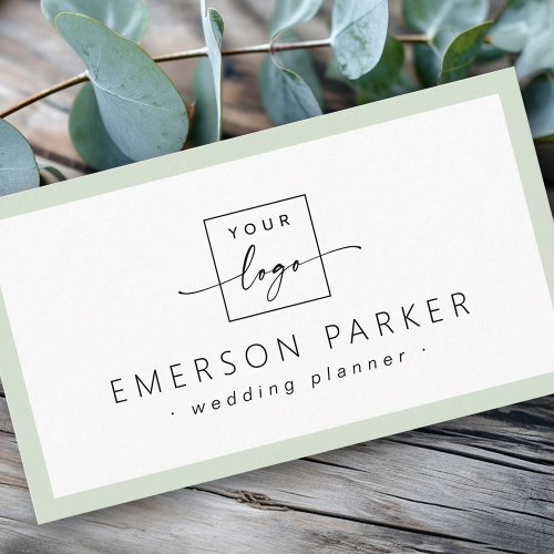 Light sage green border white minimalist logo business card